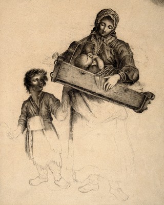 A woman carrying a baby and holding the hand of her small child. Pencil drawing.