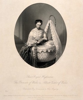 Alexandra, Princess of Wales with her baby son Albert Victor. Engraving by W. Holl the younger, 1864, after a photograph by V. Heath.