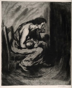 view A desperately unhappy woman cradling her sick child. Etching by T.A. Steinlen, 1902.