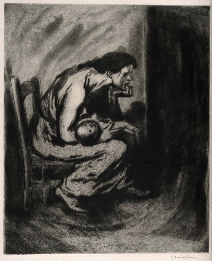 A desperately unhappy woman cradling her sick child. Etching by T.A. Steinlen, 1902.