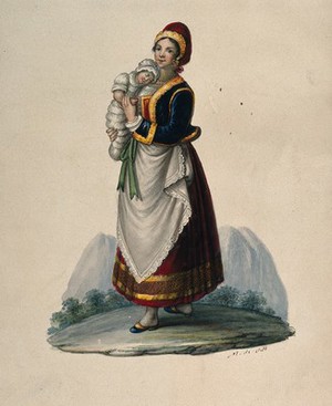 view A wet-nurse dressed in Neapolitan costume holding a baby. Watercolour by M. de Sate.