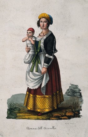 A woman dressed in Neapolitan costume holding a baby. Coloured lithograph by A.C. Ledoux (?).