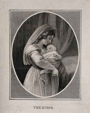 view A nurse holding a baby. Engraving.