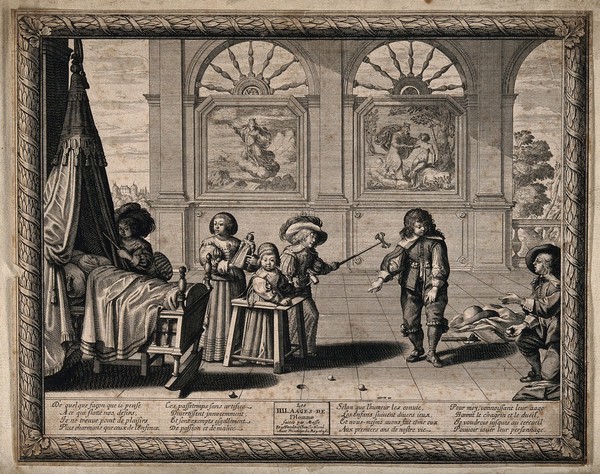 Children playing with various toys, in the background are paintings of the Creation and the creation of Adam. Engraving by A. Bosse, 1636.
