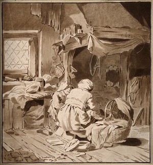 view Two women tending a child in a messy domestic interior. Aquatint after C. Bega, 1654.