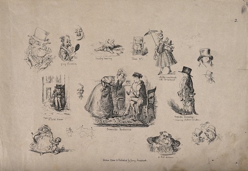 Fifteen vignettes relating to child care, domestic medicine, effects of alcohol and eating. Etching by G. Cruikshank after himself.