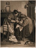 view A sick child sitting on her father's knee while her mother prepares some soup for her, a dead rabbit is lying on the floor. Chromolithograph after J. Clark.