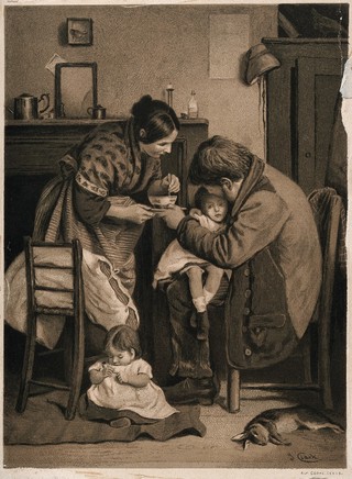 A sick child sitting on her father's knee while her mother prepares some soup for her, a dead rabbit is lying on the floor. Chromolithograph after J. Clark.