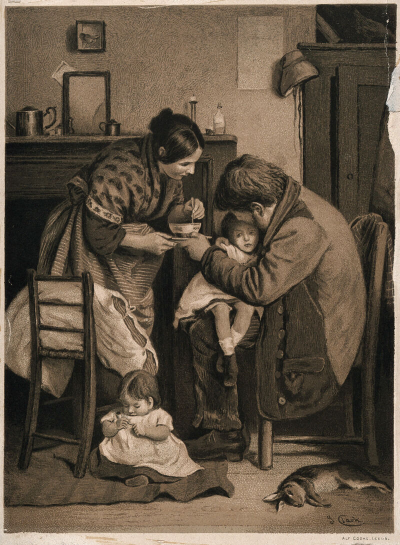 A sick child sitting on her father's knee while her mother prepares some soup for her, a dead rabbit is lying on the floor. Chromolithograph after J. Clark., by Joseph Clark