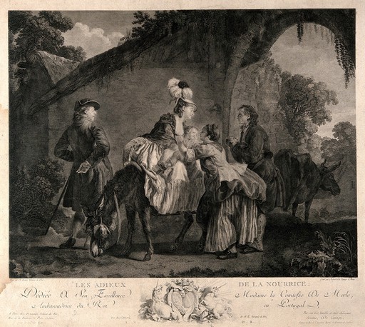 An infant who has been living with a wet-nurse being taken away from its foster-parents by its natural mother. Etching by R. De Launay (Delaunay) after E. Aubry.