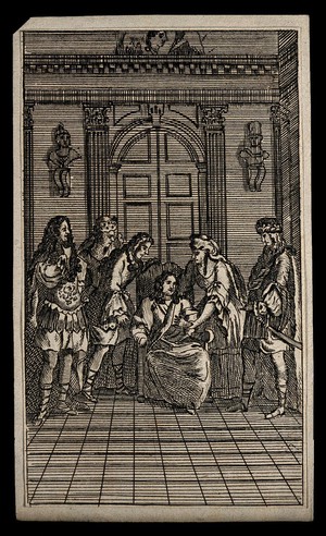 view A man sitting in a chair while a woman takes his pulse with a group of concerned courtiers gathering around. Line engraving.