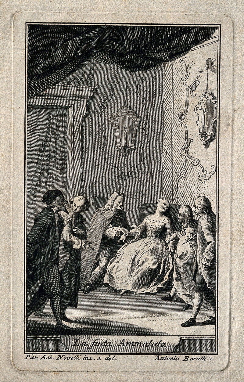 A young woman feigns illness in a chair, two men take her pulse while a physician is consulted. Line engraving by A. Baratti after P. A. Novelli., 1700-1799, by Pietro Antonio Novelli