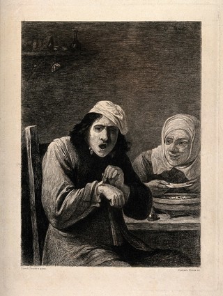 A young man removing a bandage from his hand, while an old woman offers him another; representing the sense of touch. Etching by G. Greux after D. Teniers.