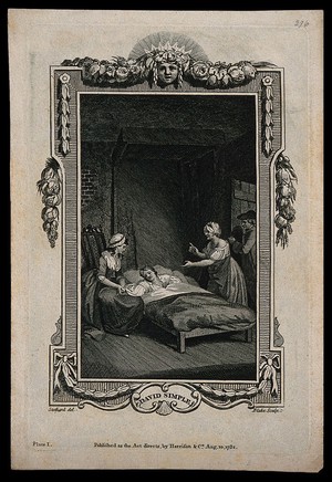 view A sick man (Valentine) in bed with his hand held by his sister Camilla: the landlady demands the rent as David Simple enters the room. Line engraving by W. Blake, 1782, after T. Stothard.