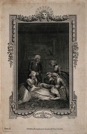 view A group of women gather around a fainted woman, while a concerned man looks on, with an ornate border. Line engraving by W. Angus, 1782, after T. Stothard.