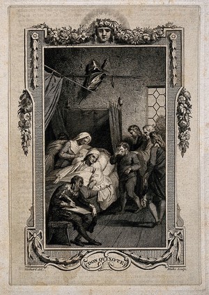 view The death bed of Don Quixote. Line engraving by W. Blake, 178-, after T. Stothard.