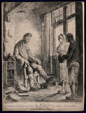 view Two people come into a pharmacy to ask for advice, the apothecary sits resting his gouty leg. Etching by N. Loder after himself.