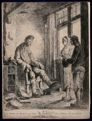 Two people come into a pharmacy to ask for advice, the apothecary sits resting his gouty leg. Etching by N. Loder after himself.