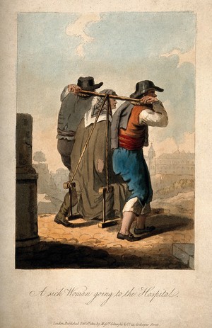 view Two men carry a sick woman in a chair-carry towards the hospital of Lisbon. Coloured aquatint by H. L'Evêque, 1812.