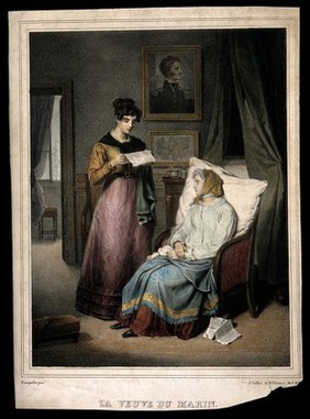 A sailor's widow listens while a woman reads her a letter. Coloured lithograph by J. Vallou de Villeneuve, 183?, after J.A. Franquelin.