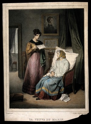 view A sailor's widow listens while a woman reads her a letter. Coloured lithograph by J. Vallou de Villeneuve, 183?, after J.A. Franquelin.