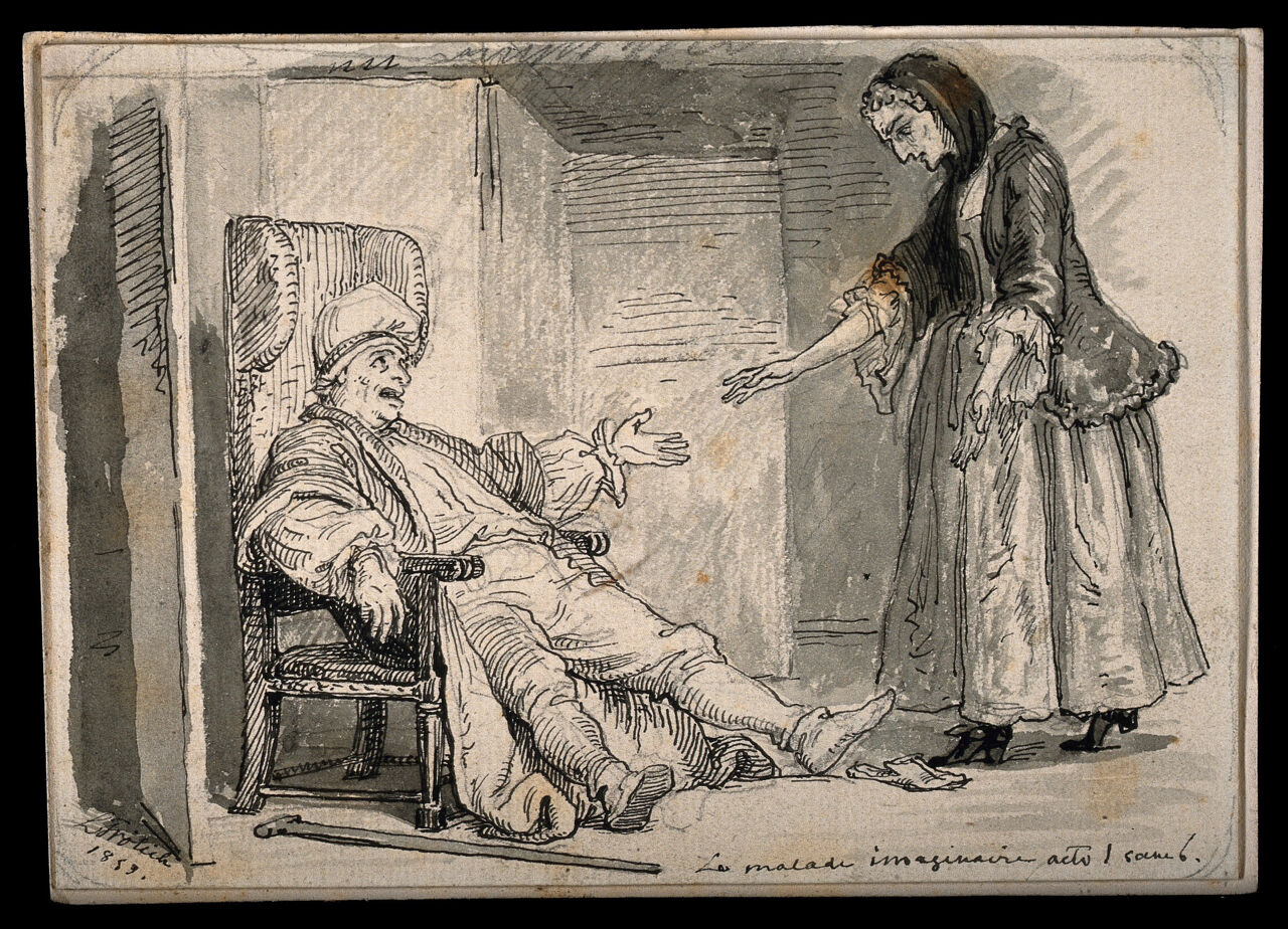 Le malade imaginaire: Argan, a hypochondriac, complaining of his ailments to his nurse. Pen and ink drawing by L. Frölich, 1859., 1859, by Lorenz Frølich