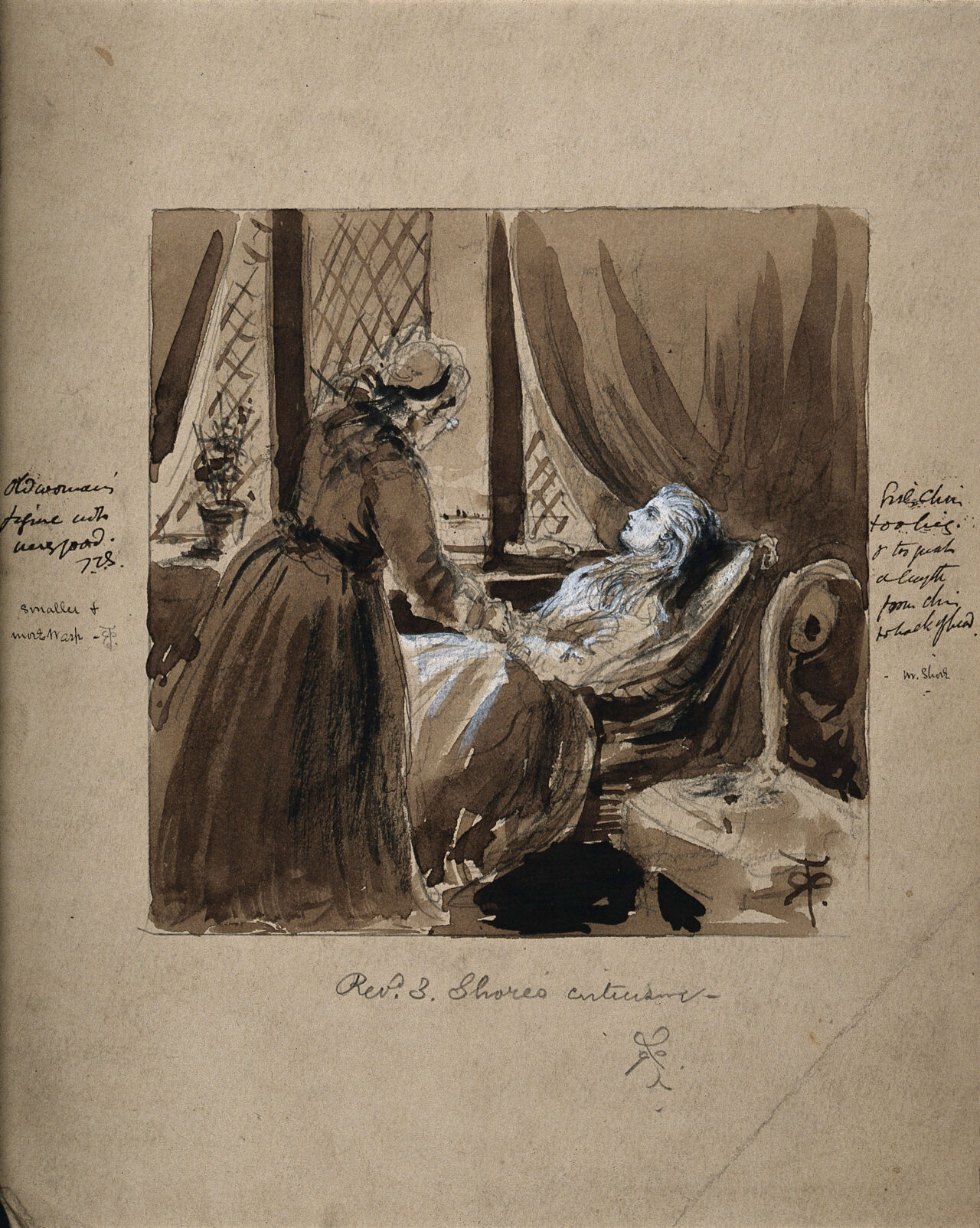 An older woman tending to a sick young woman. Watercolour by R.T. Pritchett., by Robert Taylor Pritchett