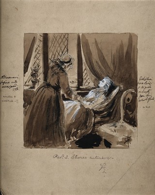 An older woman tending to a sick young woman. Watercolour by R.T. Pritchett.