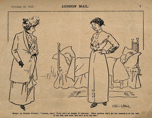 Four children, two with measles, in the same bed: their mother tells the district nurse that there is no risk of infection. Wood engraving by S. Wood, 1915.
