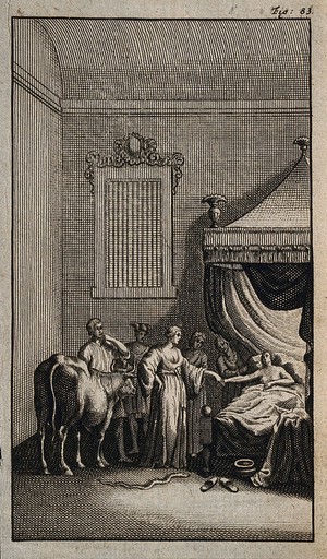 view A woman in bed: her hand is held by a standing woman (possibly Juno as protectress of women and childbirth) with Mercury in the background, a man (Argos?) leading a cow, and a snake on the ground. Line engraving, 17--.