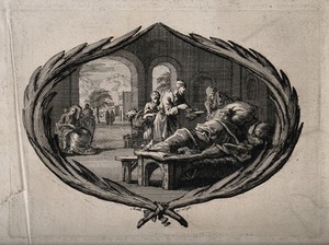 view A couple come to visit the sick people in a hospice, the man attempts to feed one with some nourishment. Etching.