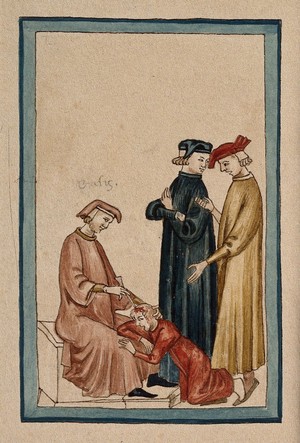 view A sitting physician is trepanning another man's head while two others consult. Watercolour drawing.