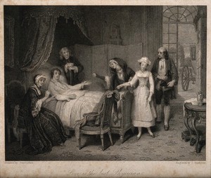 view A young woman comes to visit a sick young man in hope that her love will cure him, surrounded by relatives. Line engraving by J. Goodyear after P.E. Destouches.