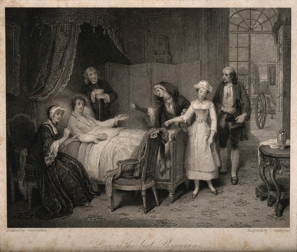 A young woman comes to visit a sick young man in hope that her love will cure him, surrounded by relatives. Line engraving by J. Goodyear after P.E. Destouches.