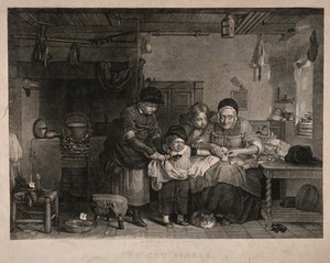 view A boy has cut his finger which is being treated by his mother, two other siblings hold him back while he resists. Line engraving after D. Wilkie.