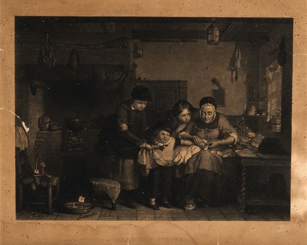 A boy has cut his finger which is being treated by his mother, two other siblings hold him back while he resists. Mezzotint by H. Blundell after D. Wilkie.
