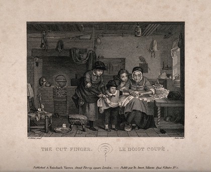 A boy with a cut finger is treated by his mother, while two other siblings hold him as he resists. Line engraving by F.S. Goulu after D. Wilkie.