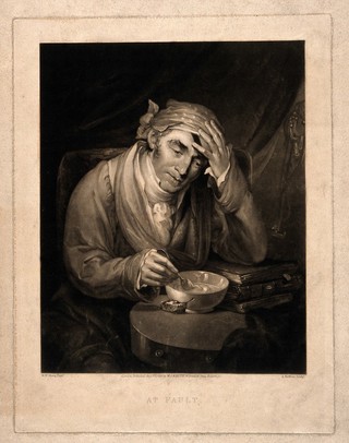 A man stirring his broth contemplates his injured head which he holds with his hand. Mezzotint by A. Huffam, 1826, after M.W. Sharp.
