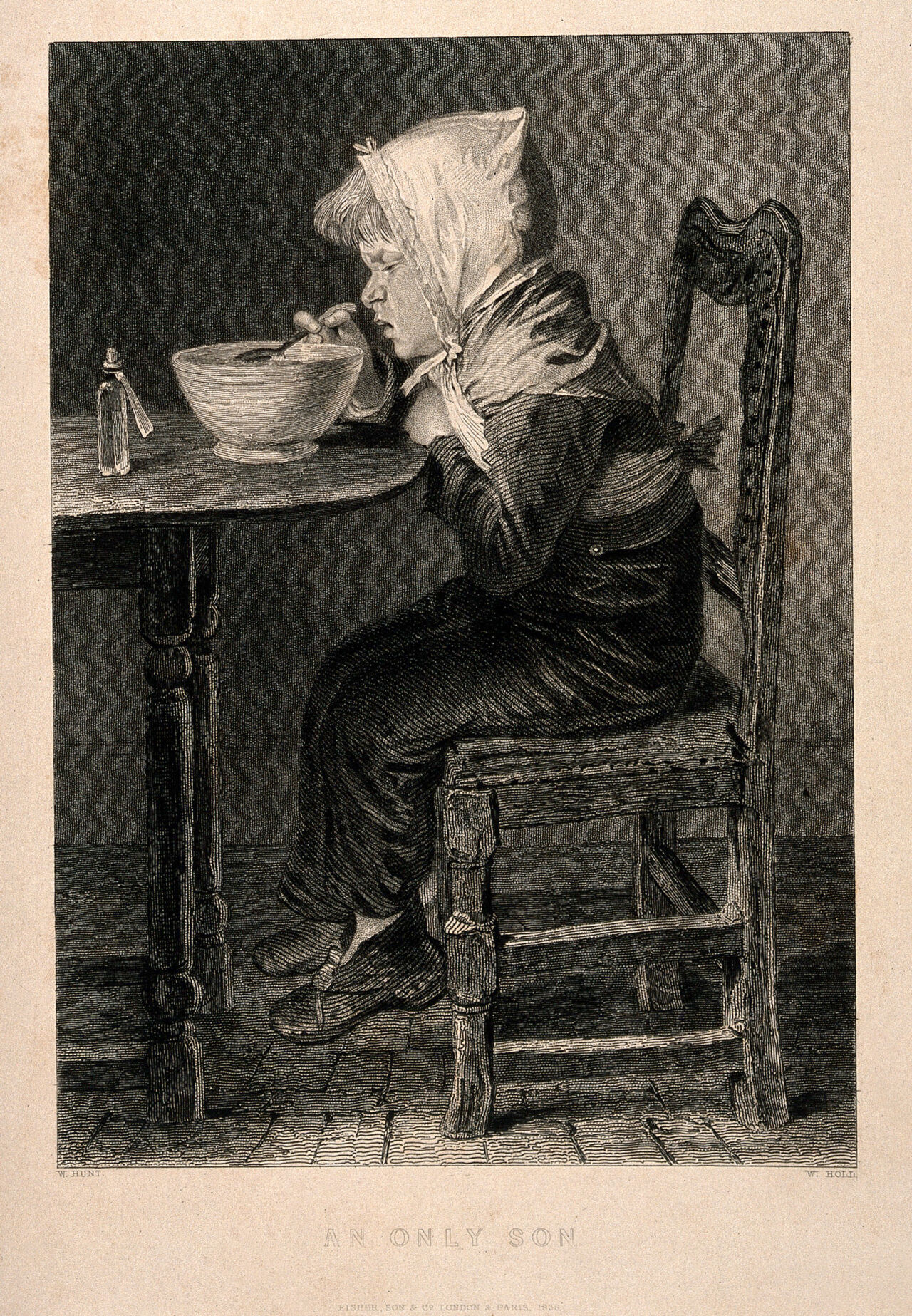 A sick child grimaces as he takes his medication and gruel. Line engraving by W. Holl, 1838, after W.H. Hunt., 1838, by William Henry Hunt
