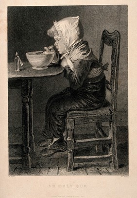 A sick child grimaces as he takes his medication and gruel. Line engraving by W. Holl, 1838, after W.H. Hunt.
