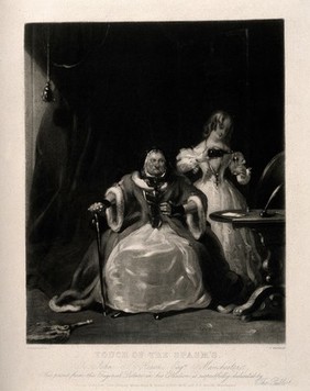 An old woman sits in a chair after one of her turns, while a younger woman pours her medication. Mezzotint by J. Bromley, 1833, after H. Liverseege.