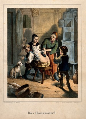 view A domestic remedy: a woman applies a hot iron to her husband's back while their two children look on. Coloured lithograph.