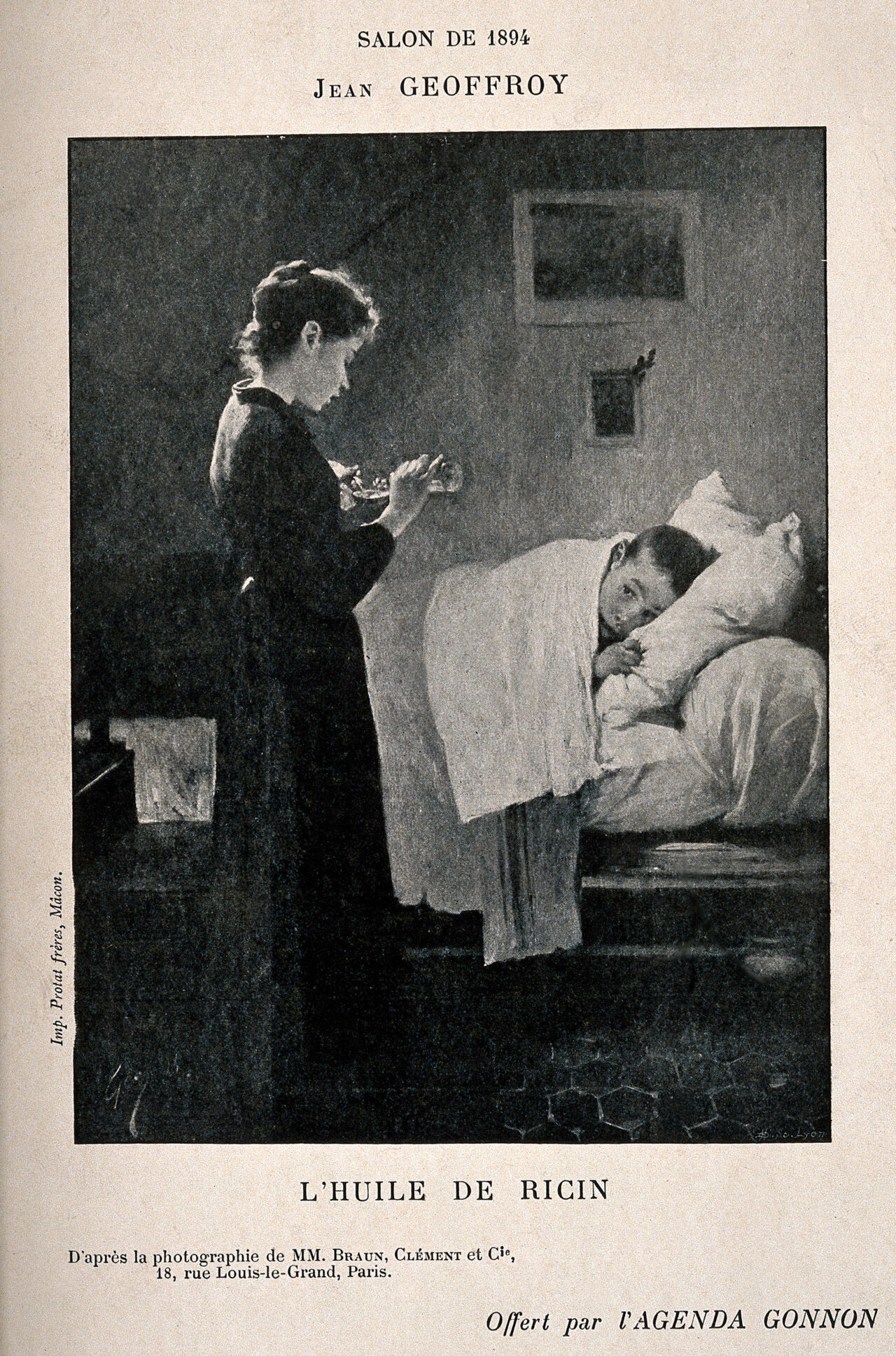 A sick child in bed has his castor oil medicine poured for him, France. Process print after J. Geoffroy, 1894., May 1905, by Henri Jules Jean Geoffroy