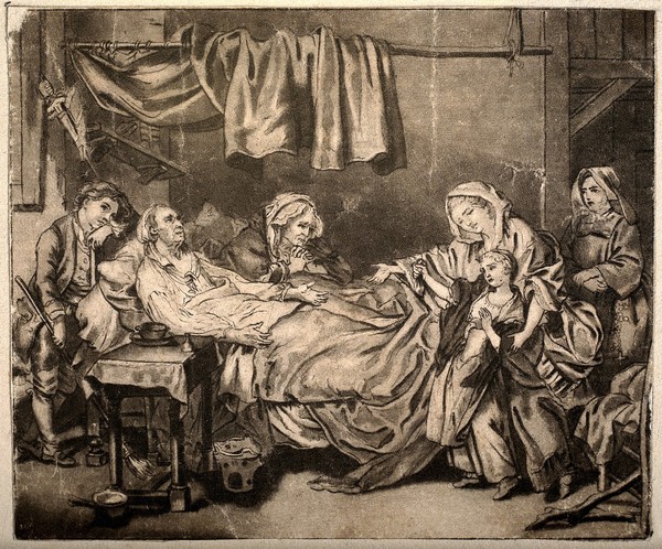 An old couple lie in their sick bed receiving alms from a girl with the encouragement of her mother and a nun. Pen and ink drawing after J.B. Greuze.