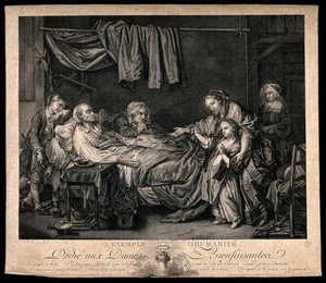 view An old couple lie in their sick bed receiving alms from a girl with the encouragement of her mother and a nun. Line engraving by Th.-F. Vi-., 1781, after J.B. Greuze.