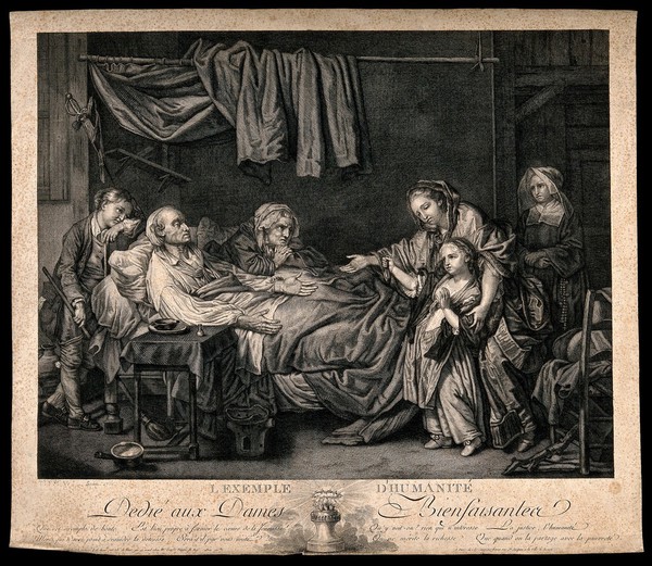 An old couple lie in their sick bed receiving alms from a girl with the encouragement of her mother and a nun. Line engraving by Th.-F. Vi-., 1781, after J.B. Greuze.