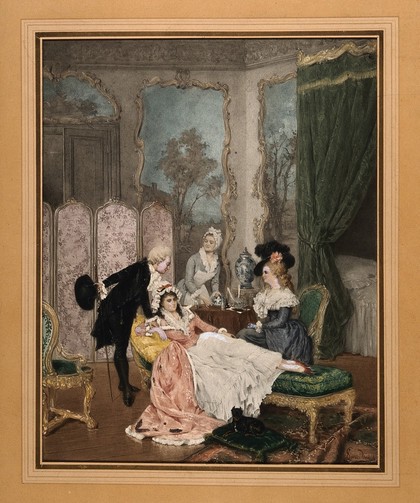 A young woman convalescing in her boudoir with a visiting couple, while her maid prepares her medicine. Reproduction of a coloured aquatint.