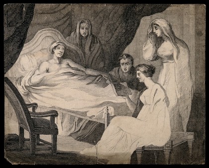 A sick man lying in bed is being read to by a young woman, while three others look anxious. Pen and ink drawing.