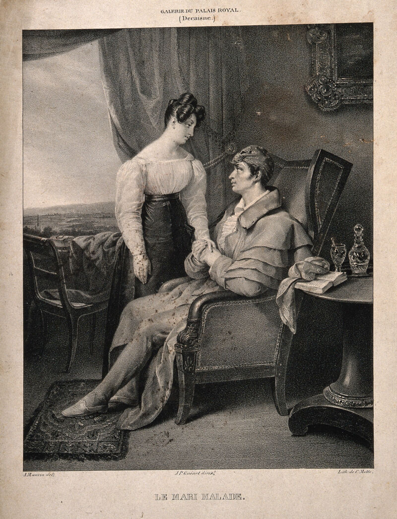 A sick husband holds the hand of his wife. Lithograph by C. Motte after A. Maurin after H. Decaisne, 182-., [182?-], by Henri Decaisne