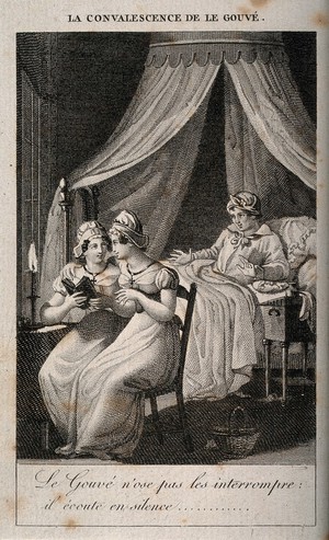 view Two women read aloud and talk to each other, while a sick man listens in suffering silence. Line engraving.